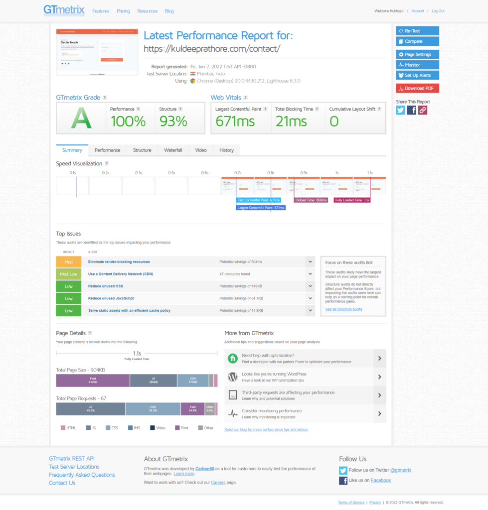 My Contact page Scores on GTmetrix