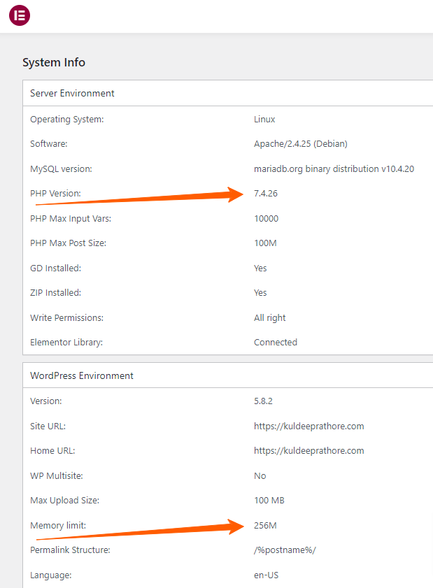 Elementor-PHP-version-Memory-limit