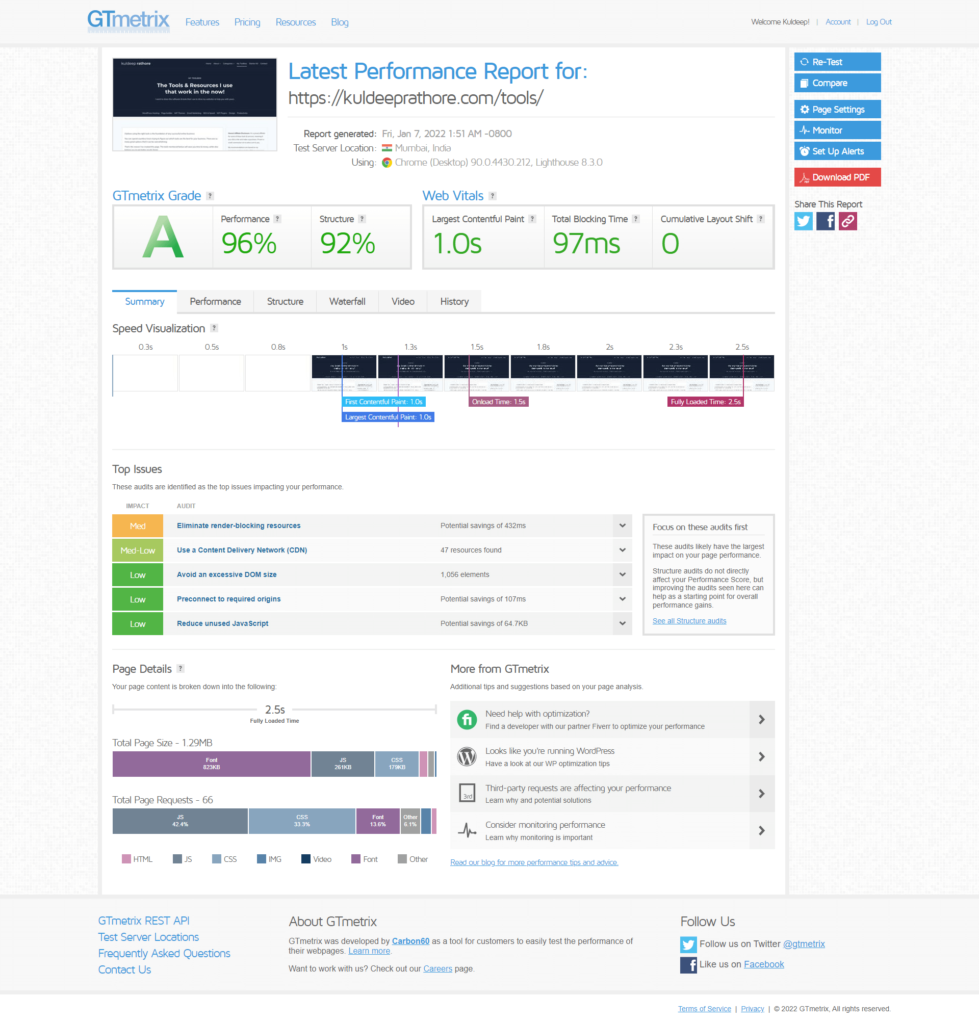 My Tools page GTmetrix score