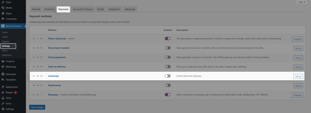 Setup Instamojo under WooCommerce Payment Settings