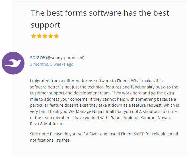 Fluent Forms Customer Reviews on WordPress 4