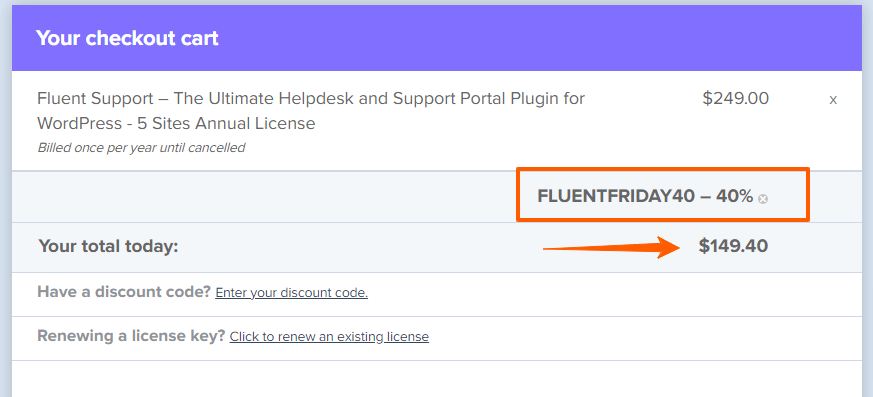 Fluent Support Black Friday Coupon Code auto applied on Checkout