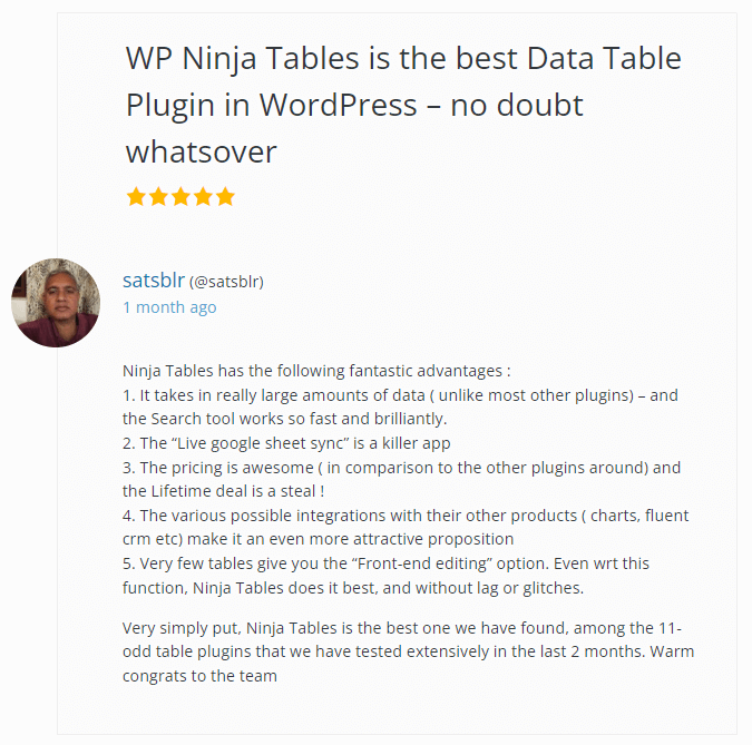 Ninja Tables Customer Reviews on WordPress 1