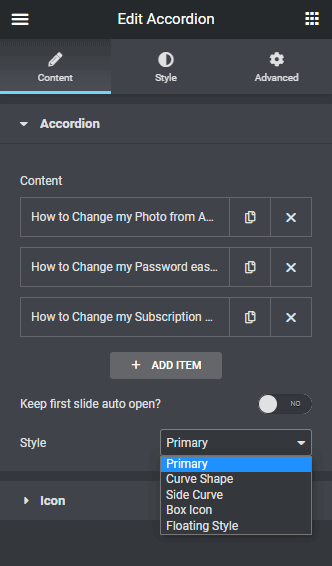 ElementsKit Lite Accordion Widget Options