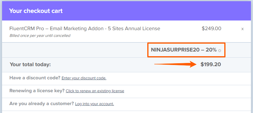 FluentCRM Checkout with 20% OFF Coupon code Auto-applied