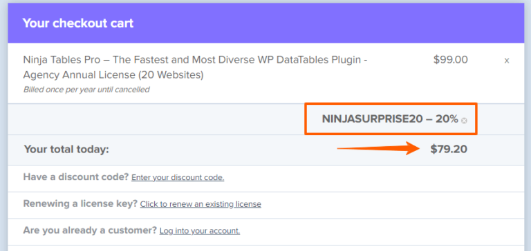 Ninja Tables Pro Coupon Code Auto-applied on Checkout