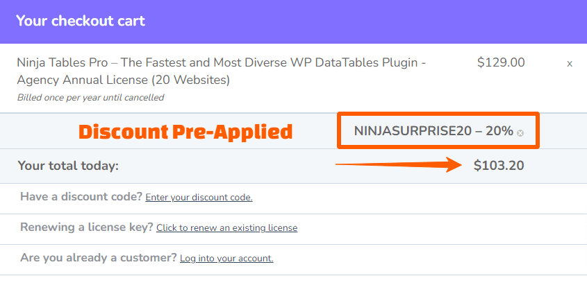 NinjaTables Checkout with 20 Discount