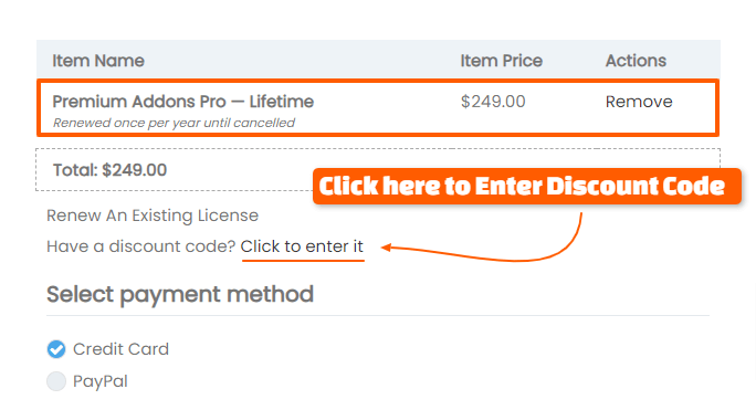 Premium Addons Checkout Process with 10 Discount