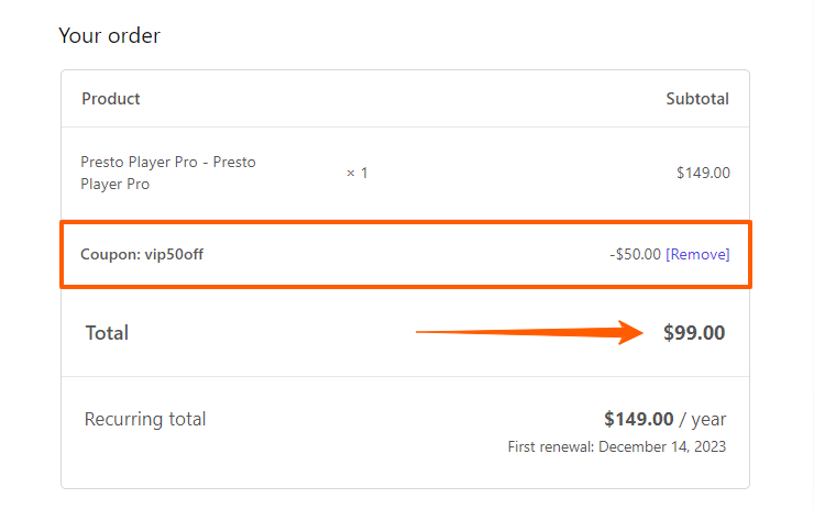 Presto Player Discount Code Auto-applied on Checkout