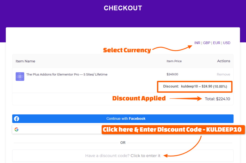 Plus Addons Checkout with 10% Discount