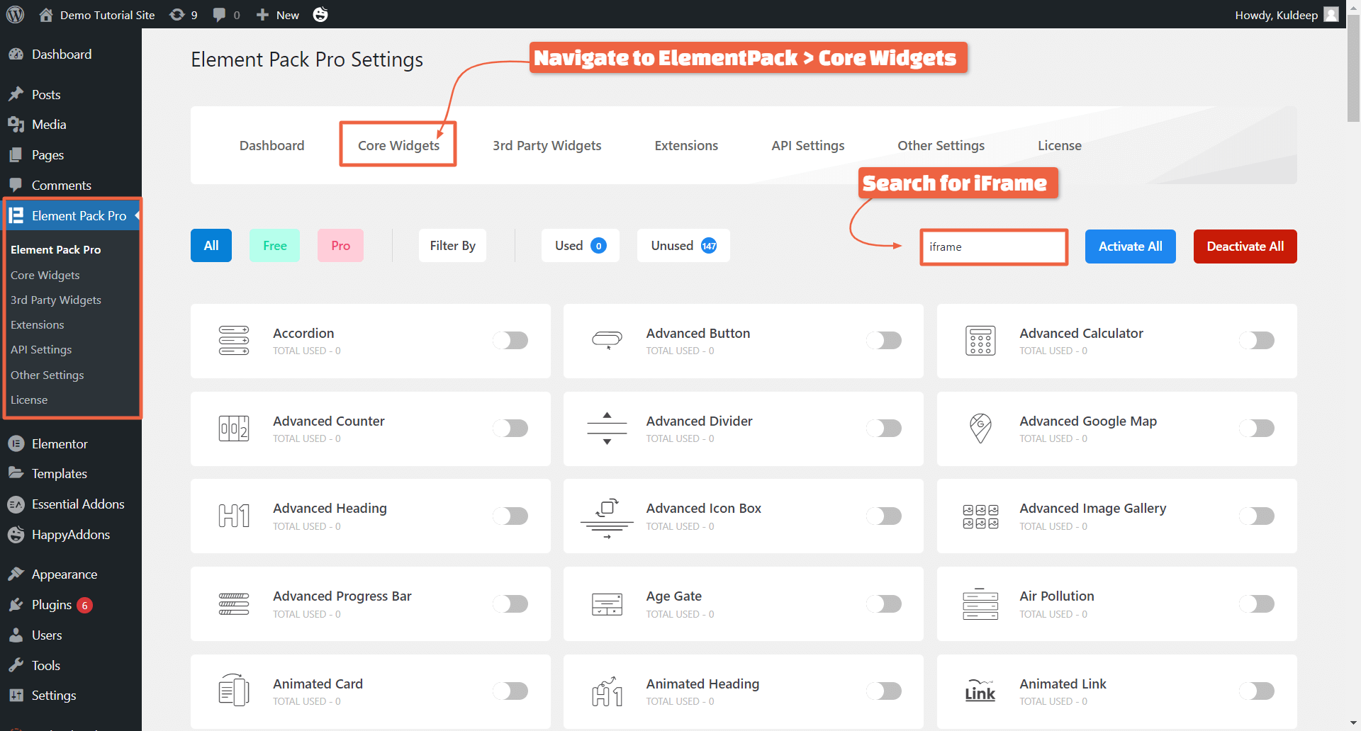 Navigate to ElementPack Settings to Enable IFrame Widget