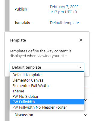 Set FW Fullwidth Template from the Page Template Settings