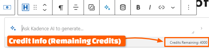 Kadence AI Credit Info inside Block Tool bar