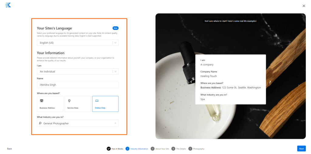 Phase 1 of Building a Site with Kadence AI Step1 Provide Basic Business Details