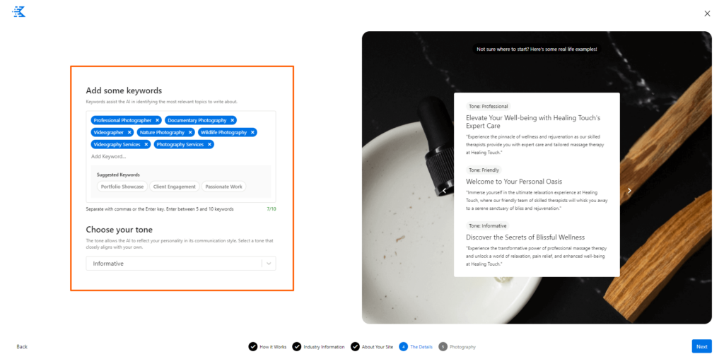 Phase 1 of Building a Site with Kadence AI Step3 Select Business Keywords