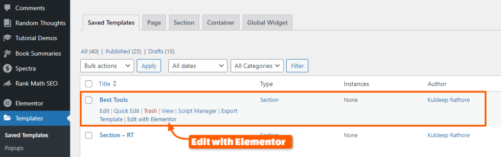 Select your Template Click Edit with Elementor