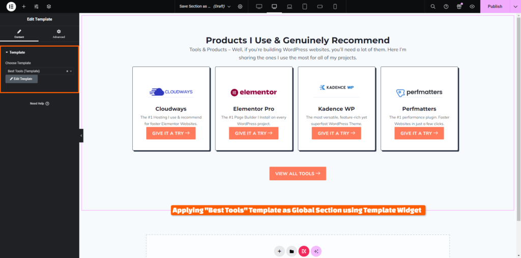 Using Elementor Template Widget to Use Global Sections in Elementor