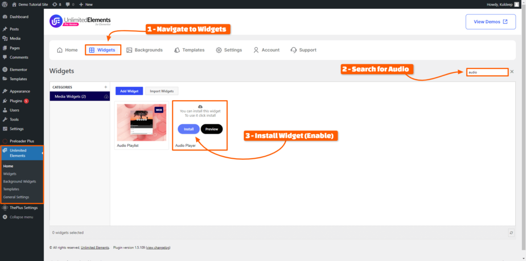 Activate the Unlimited Elements Audio Player Widget from Settings