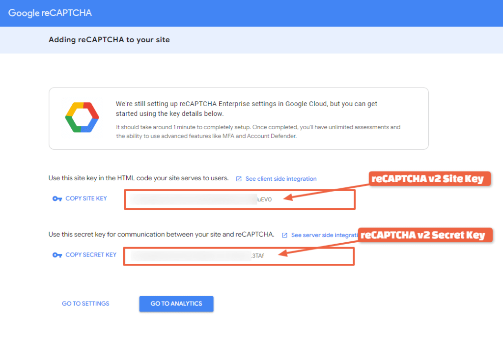 Get your reCAPTCHA v2 API Keys