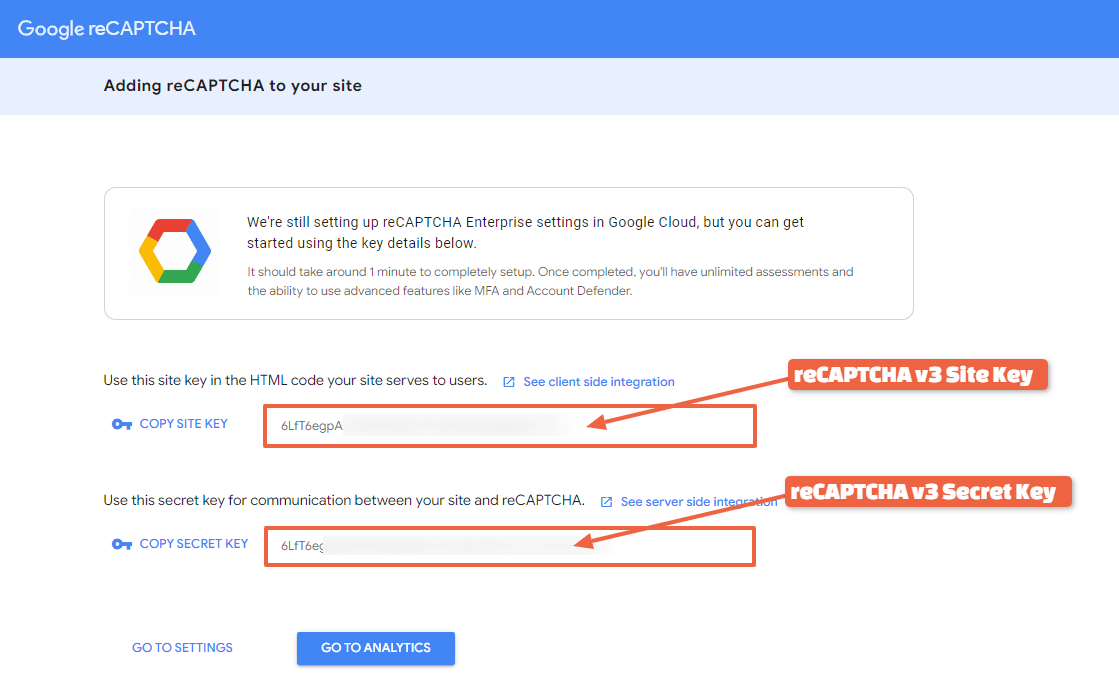 Get your reCAPTCHA v3 API Keys