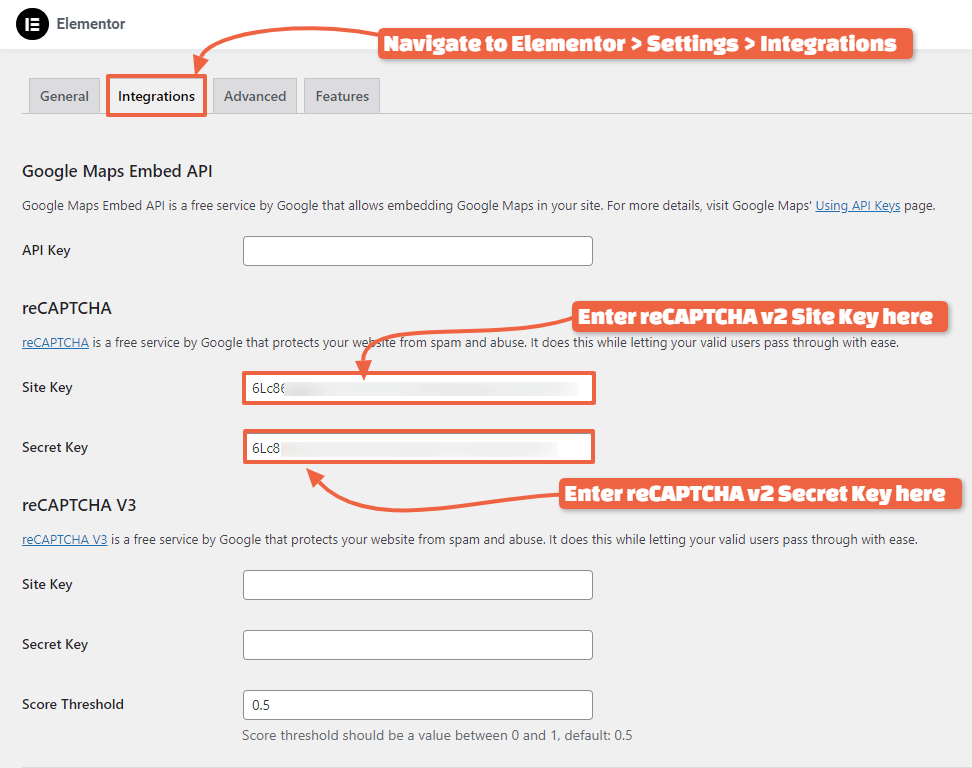 Integrate reCAPTCHA v2 in Elementor Integration Settings