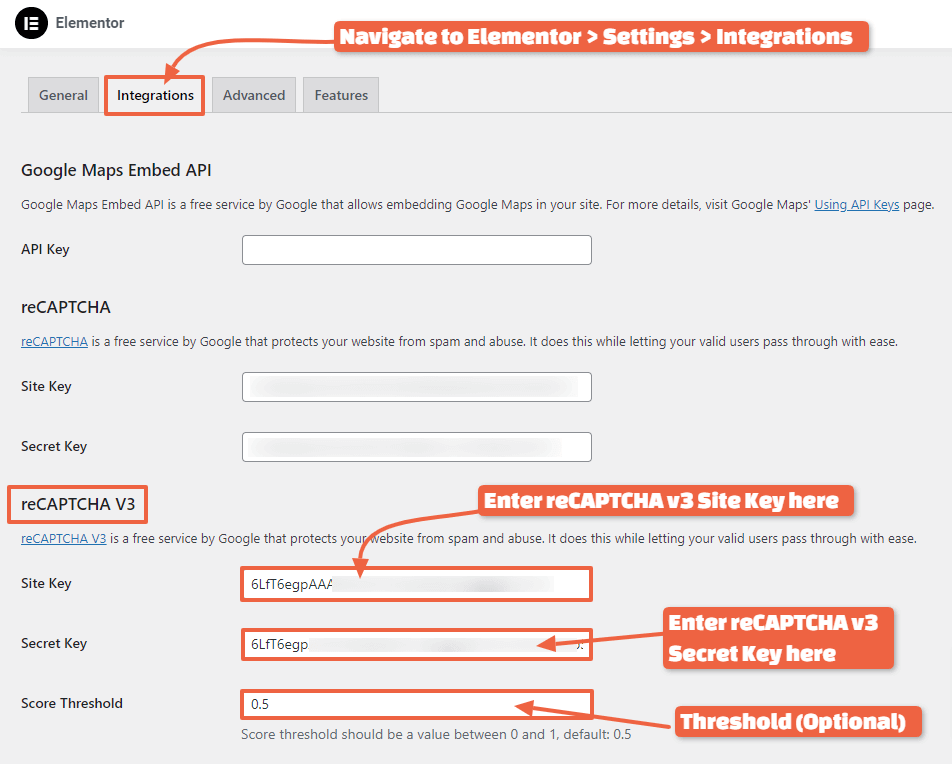 Integrate reCAPTCHA v3 in Elementor Integration Settings