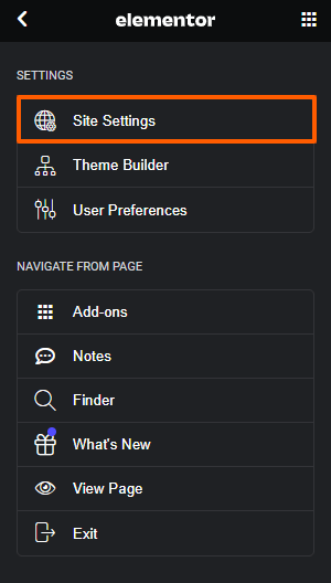 Navigate to Site Settings in Elementor