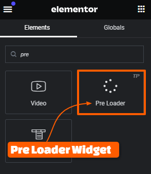 Search for Preloader in the Widgets Panel