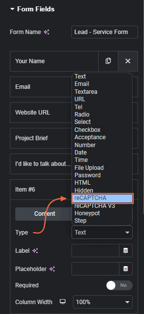 Select reCAPTCHA under Type to Add to Contact Form