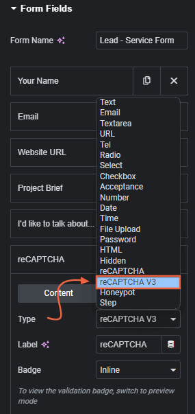 Select reCAPTCHA v3 under Type to Add reCAPTCHA in Contact Form