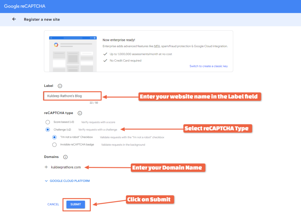 Setting up reCAPTCHA v2