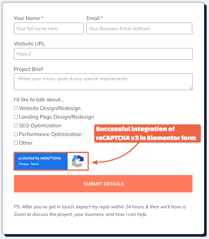 reCAPTCHA v3 integration in Elementor Form