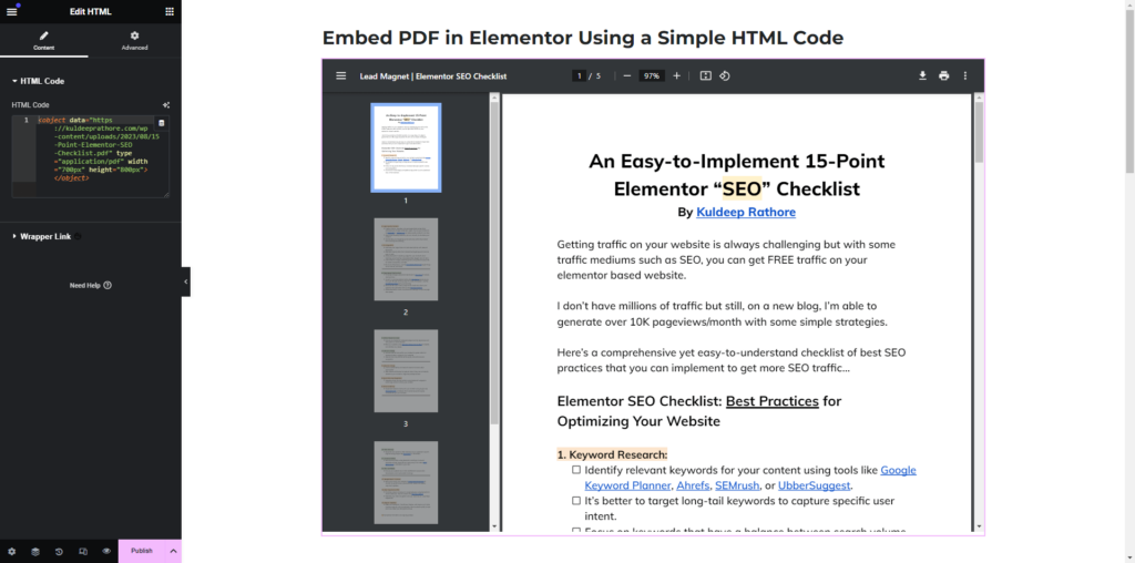 Embed PDF in Elementor using HTML Code