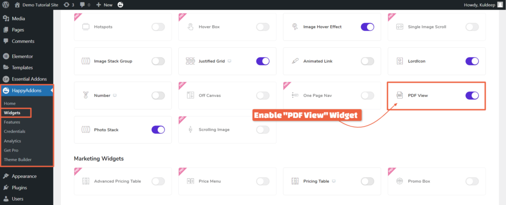 Enable PDF View Widget in the HappyAddons Widgets