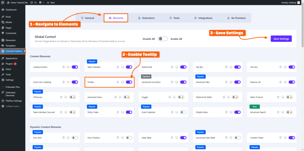 Enable Tooltip Widget in Essential Addons Elements Settings