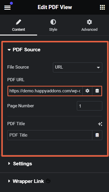 HappyAddons PDF Settings Select PDF Source