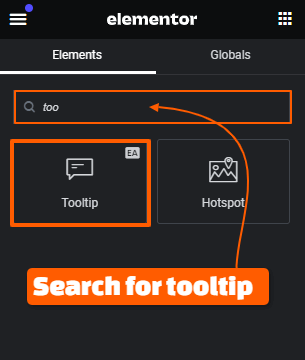 Search for Tooltip Widget in the Elementor Widget Panel