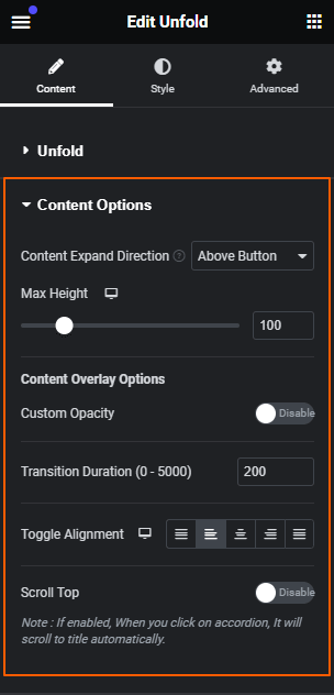 Unfold Content Options ThePlusAddons