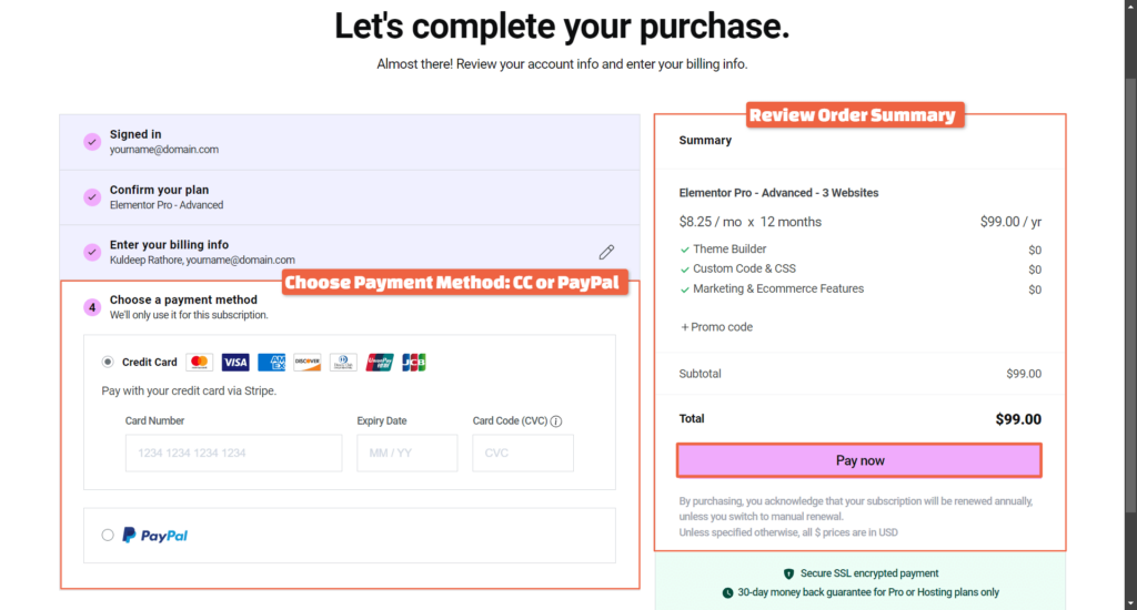 Buying Elementor Pro Choose Payment Method Pay