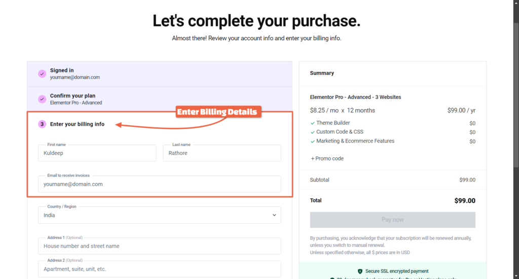 Buying Elementor Pro Enter Billing Details
