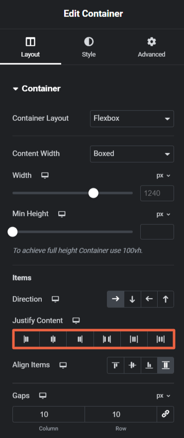 Elementor Container Settings