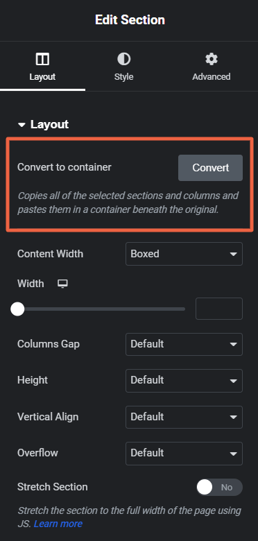 Elementor Convert Section to Container