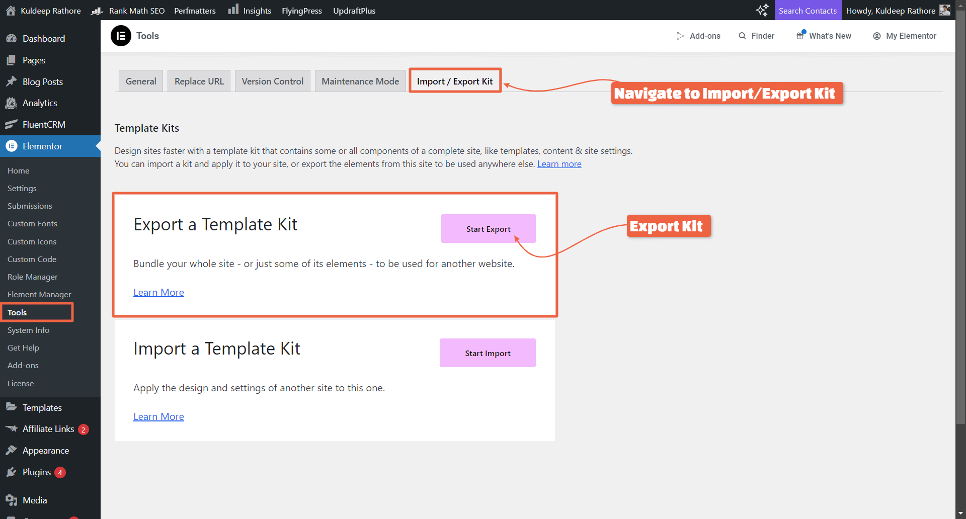 Export Elementor Kit for Backup