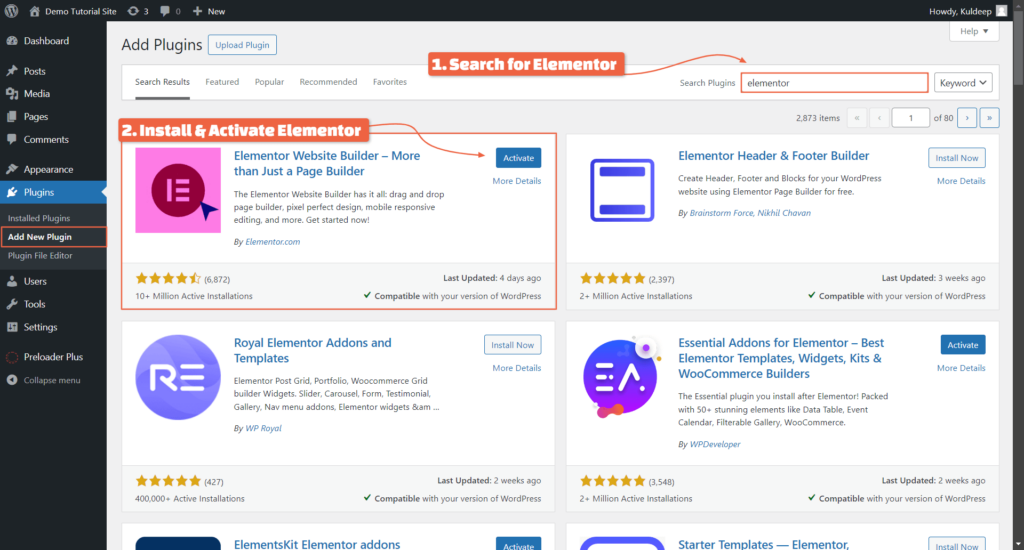 Install Elementor Free version in WordPress