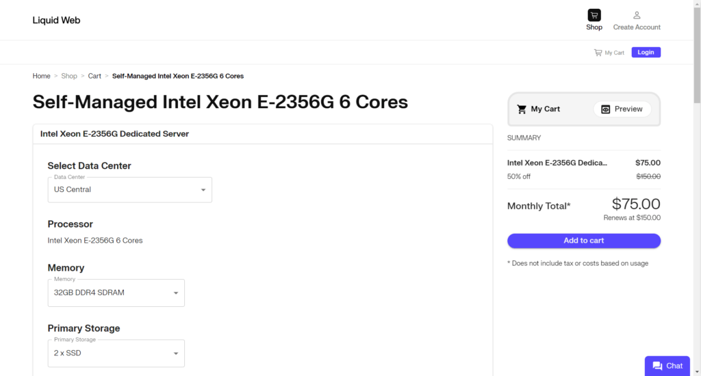 Liquid Web Bare Metal Hosting Checkout Intel Server