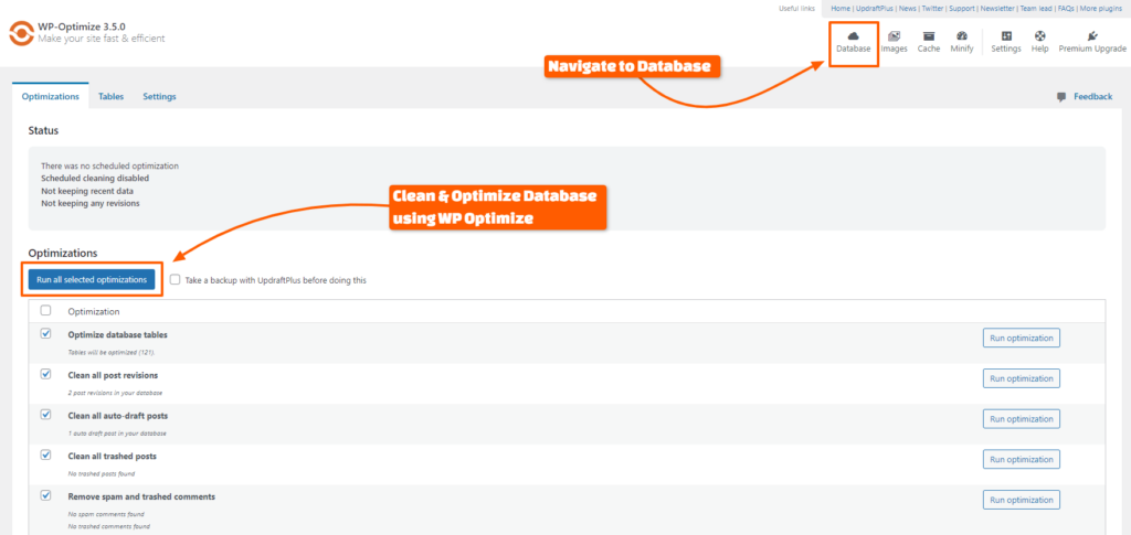 Optimize Database with WP Optimize