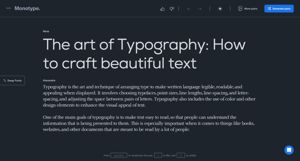 MonoType Font Pairing Generator Website for Elementor Fonts