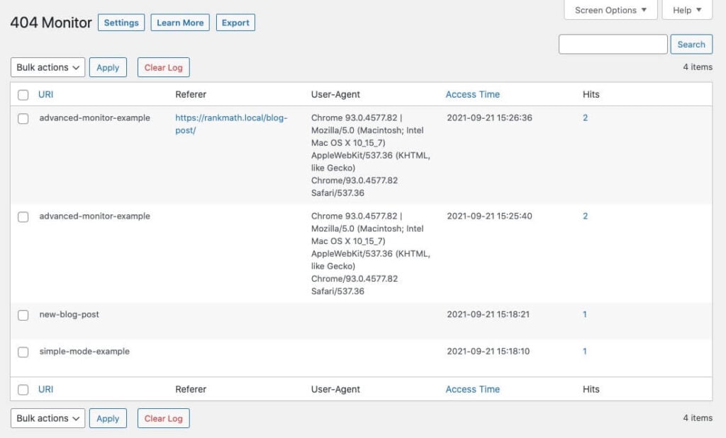 Rank Math Advanced 404 Monitor errors recorded