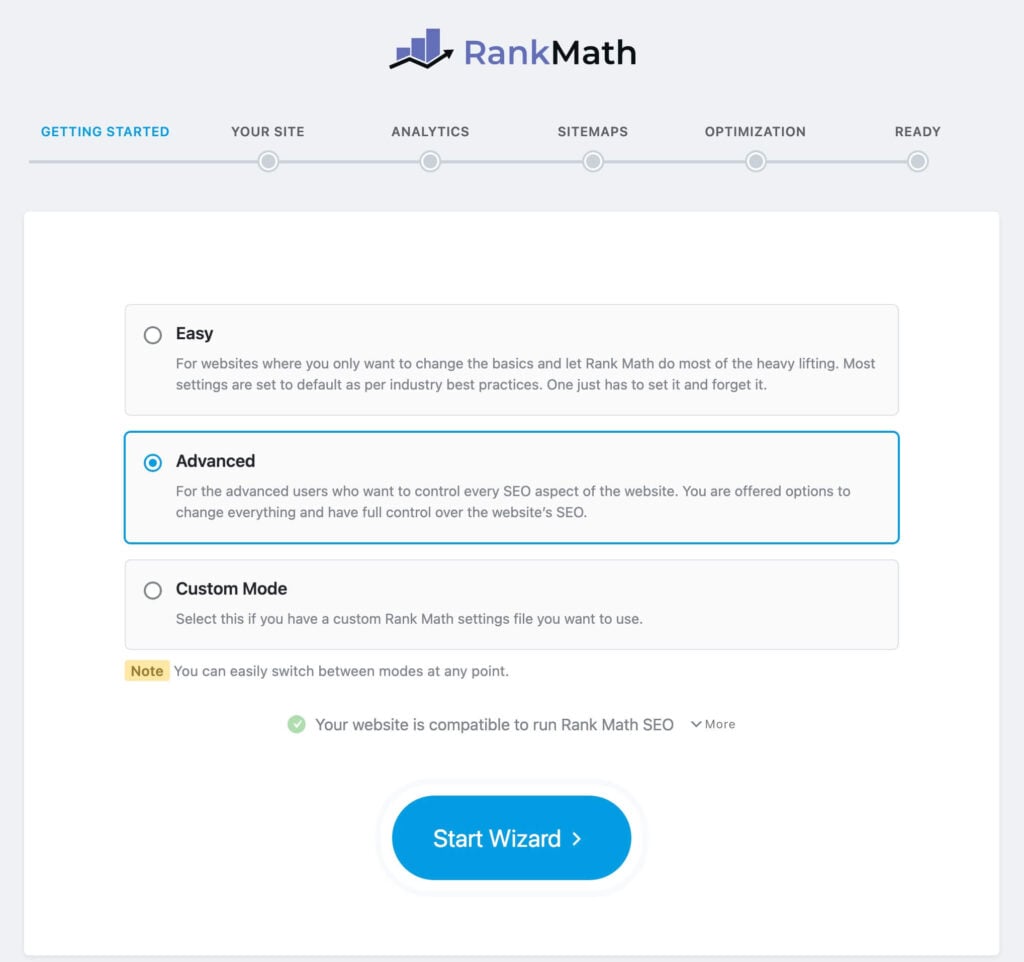 Rank Math start wizard