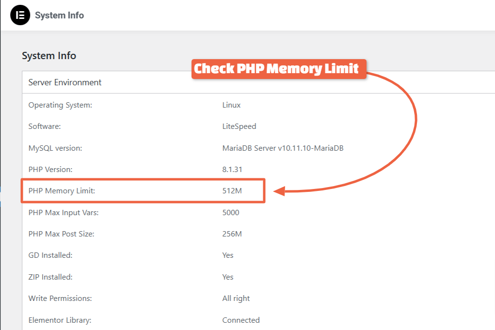 Check your Elementor Site PHP Memory Limit